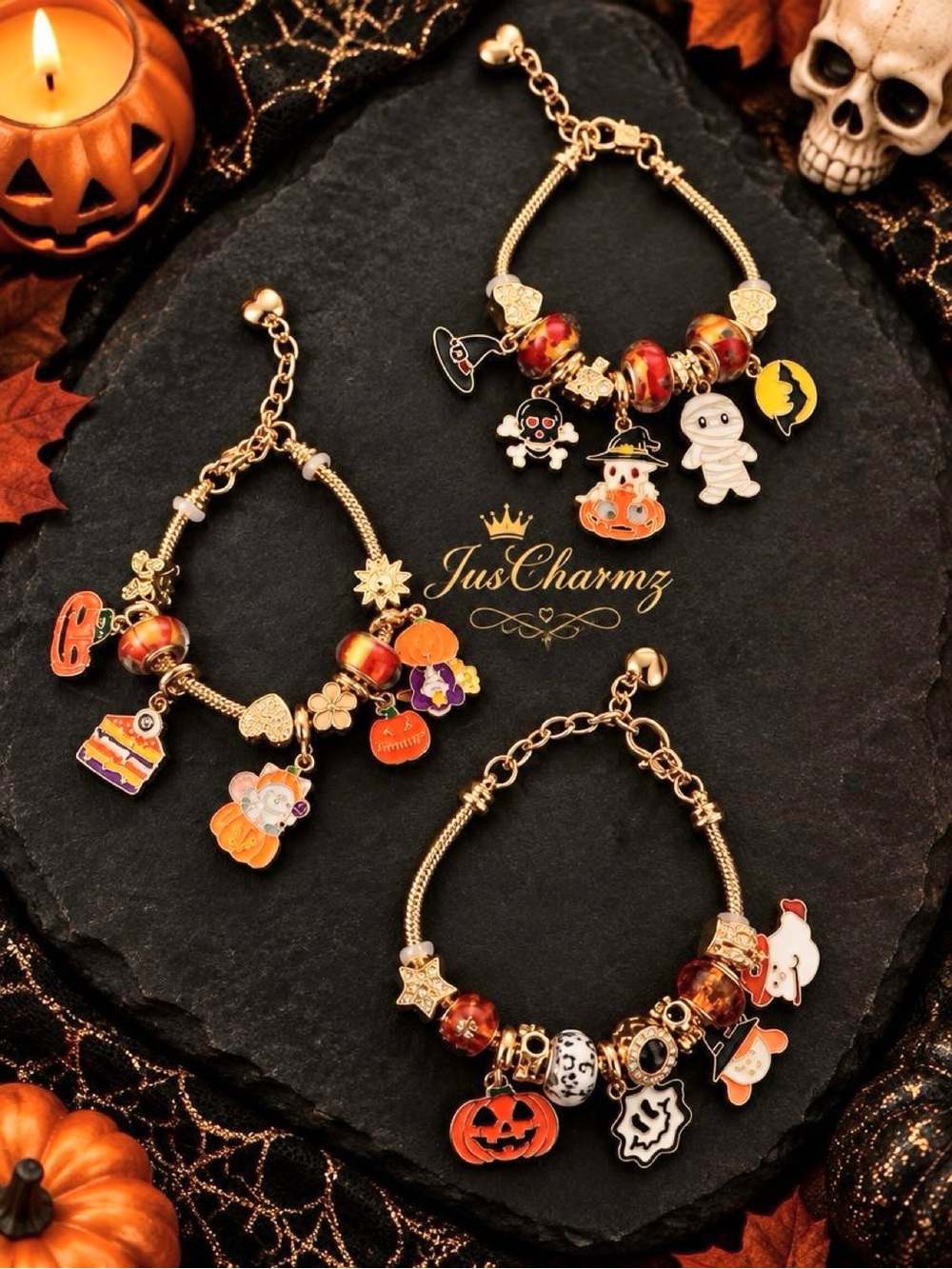 🎃 3-Pc Halloween Charm Bracelet Bundle | Spooky Jewelry Set | Halloween Lover Gi